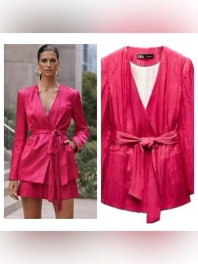 Zara Bright Fuchsia Wrap Blazer with Self-Tie Belt size M